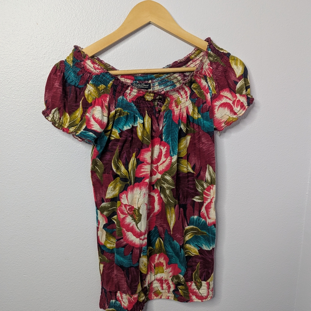Lucky Brand Floral Cotton/Modal Peasant Top XS – Boho Smocked‎ Off Shoulder